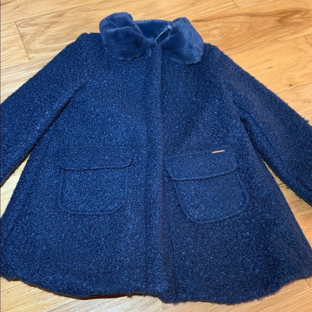 Tahari Textured Pea Coat with Faux Fur Collar